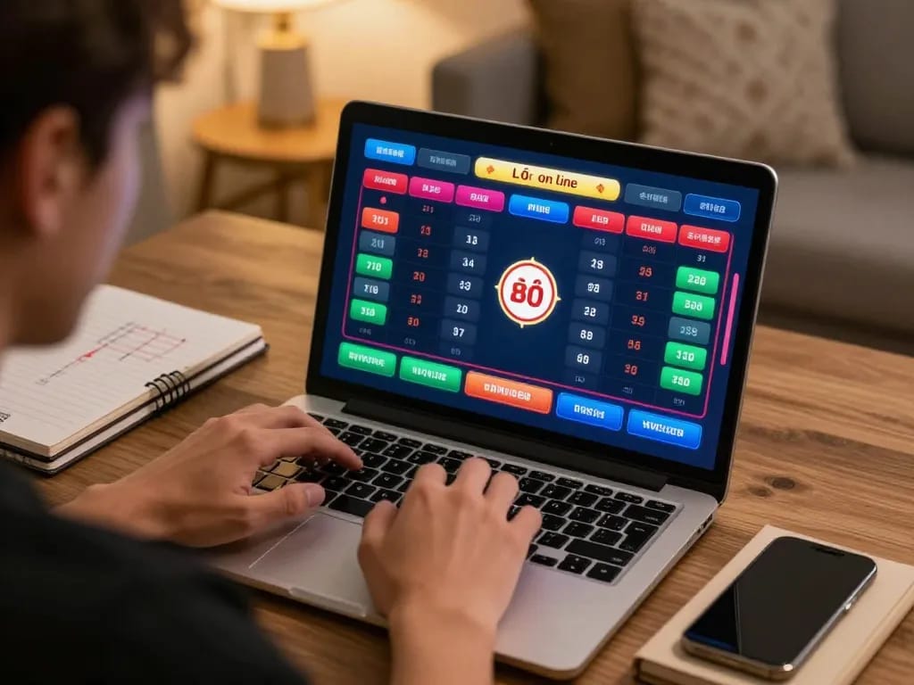 Lô đề online betting on a laptop with cozy home setup showcasing strategy elements.