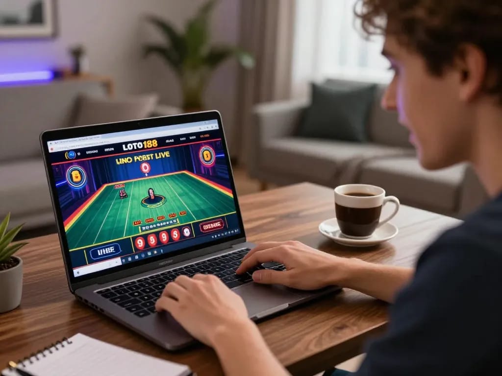 LOTO188 player engaged in online betting, showcasing a live dealer game in a cozy home setting.