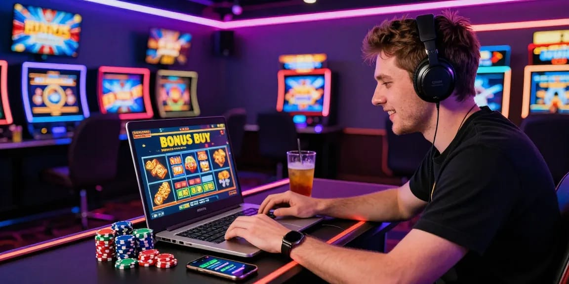 UK player engaged with Bonus Buy Slots at aboutderbyshire.co.uk in a vibrant gaming environment.