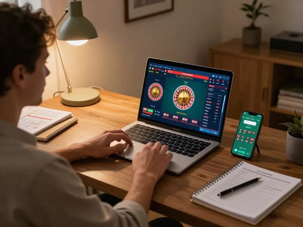 Engaging home gaming scene showcasing LINK VÀO F168 on a laptop screen with roulette interface.