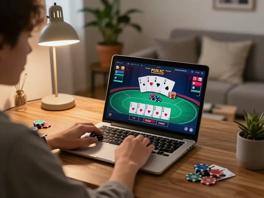 engaged player winning at poker on bl555 online casino platform from home