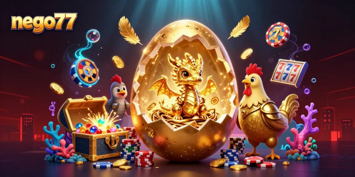 Engage with nego77's exciting slot gameplay showcasing a golden dragon, poker chips, and vibrant jackpot elements.