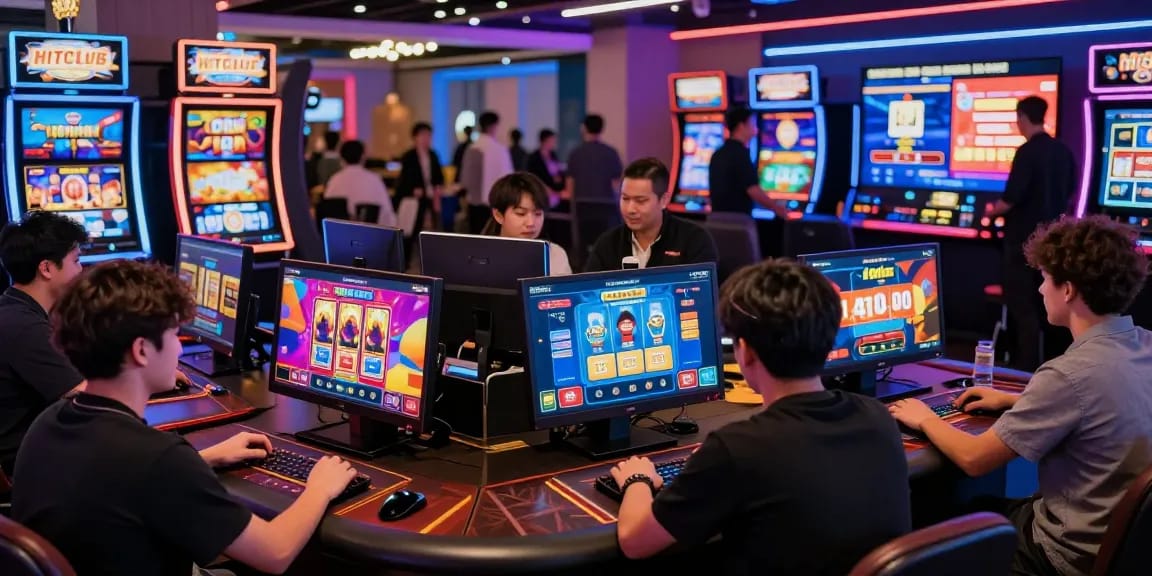 Engaging HITCLUB gaming scene with players enjoying vibrant slot games and live dealers in a modern casino environment.