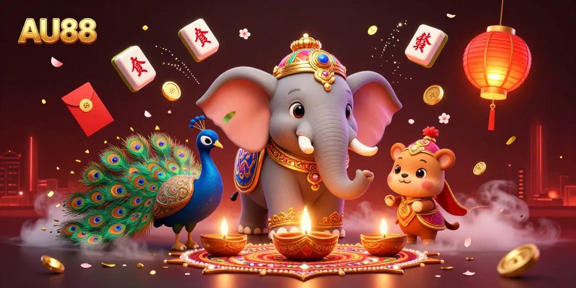 Win big with AU88 at this vibrant casino-themed illustration showcasing exciting elements
