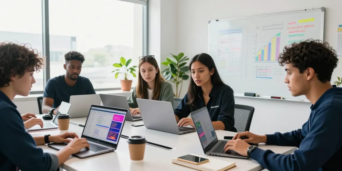 Agents collaborating for Together Winbox in a modern workspace with analytics on laptops.