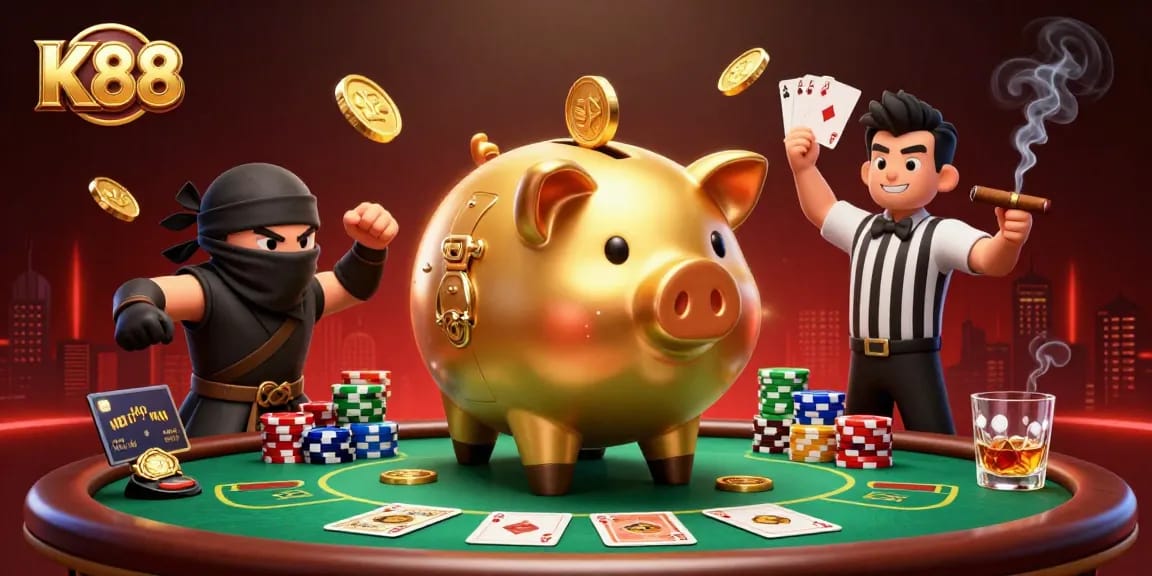 K88 captures the excitement of high-stakes poker with a vibrant scene of dynamic cartoon characters and a thrilling atmosphere.