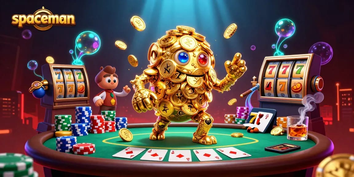 Experience the thrilling action of Spaceman as golden golems populate a dynamic casino scene.