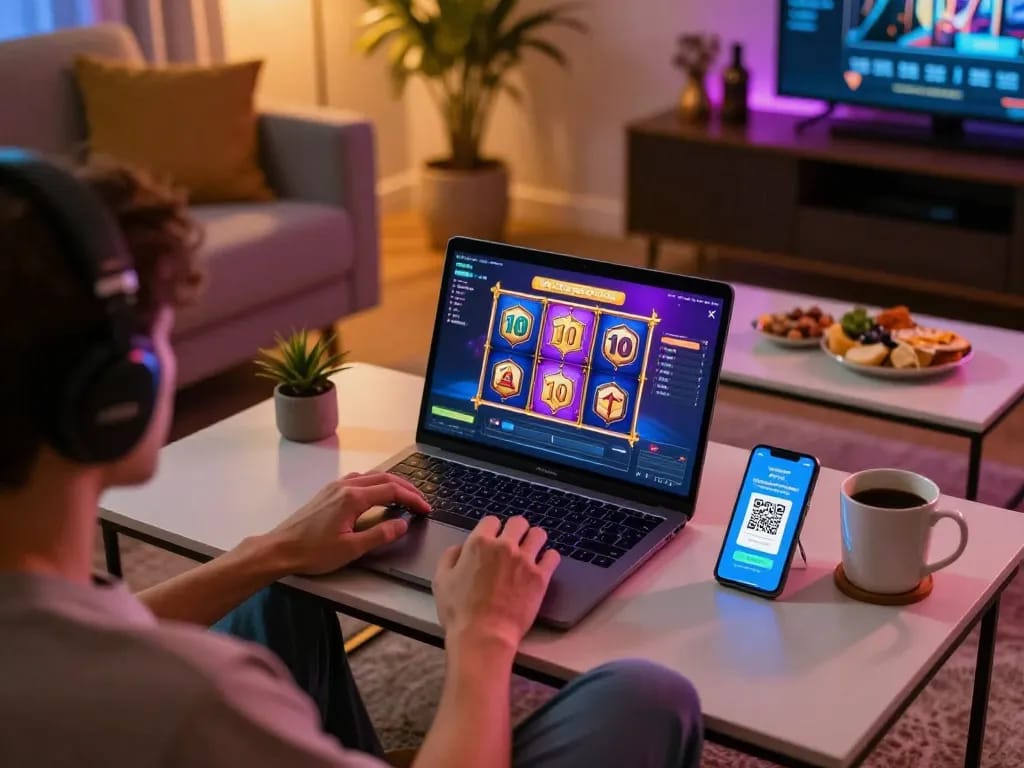 Engaging with slot depo 10 on a laptop in a cozy home environment, showcasing gameplay