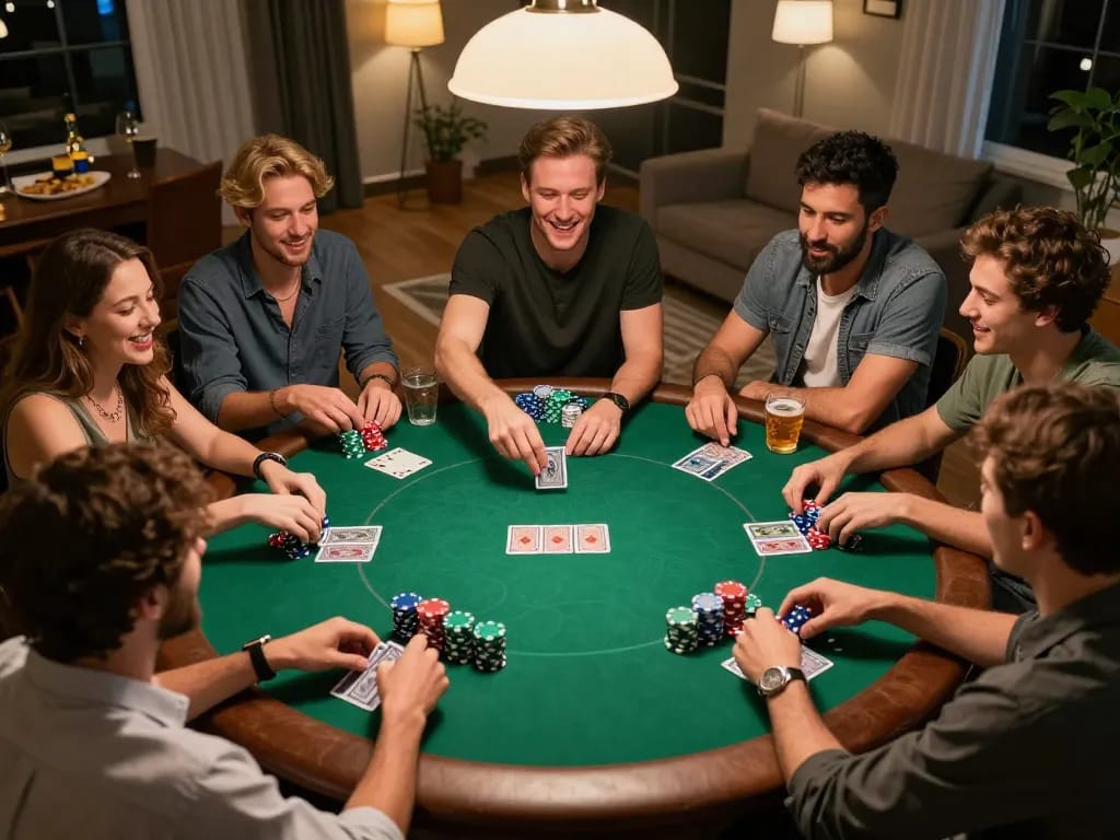 Friends playing poker at home, showcasing strategic gameplay and camaraderie at the five88 poker table.