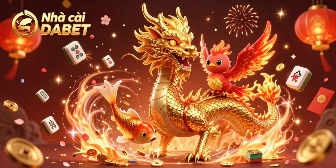 Experience thrilling gameplay with Nhà cái DABET's vibrant casino illustration showcasing a dragon and phoenix.