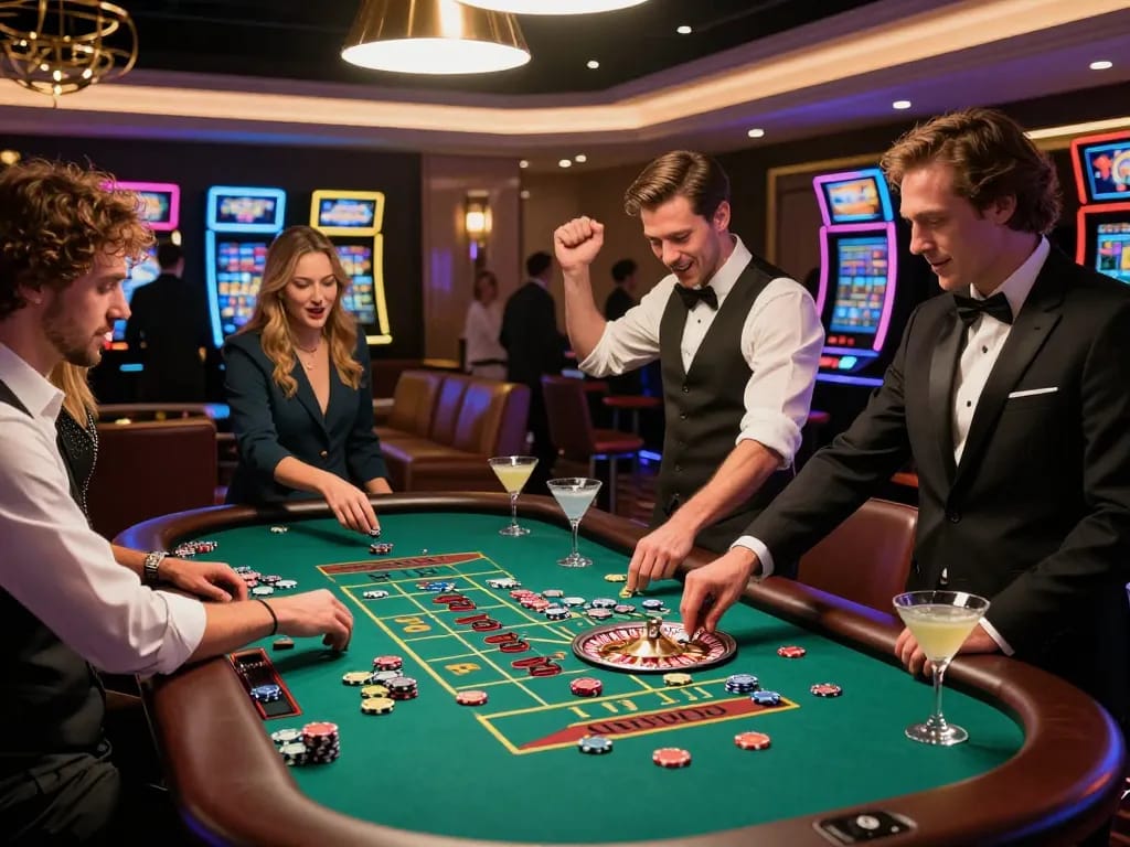 Exciting scene at a casino featuring enthusiastic players celebrating a sultan88 win while drinks and chips surround them.