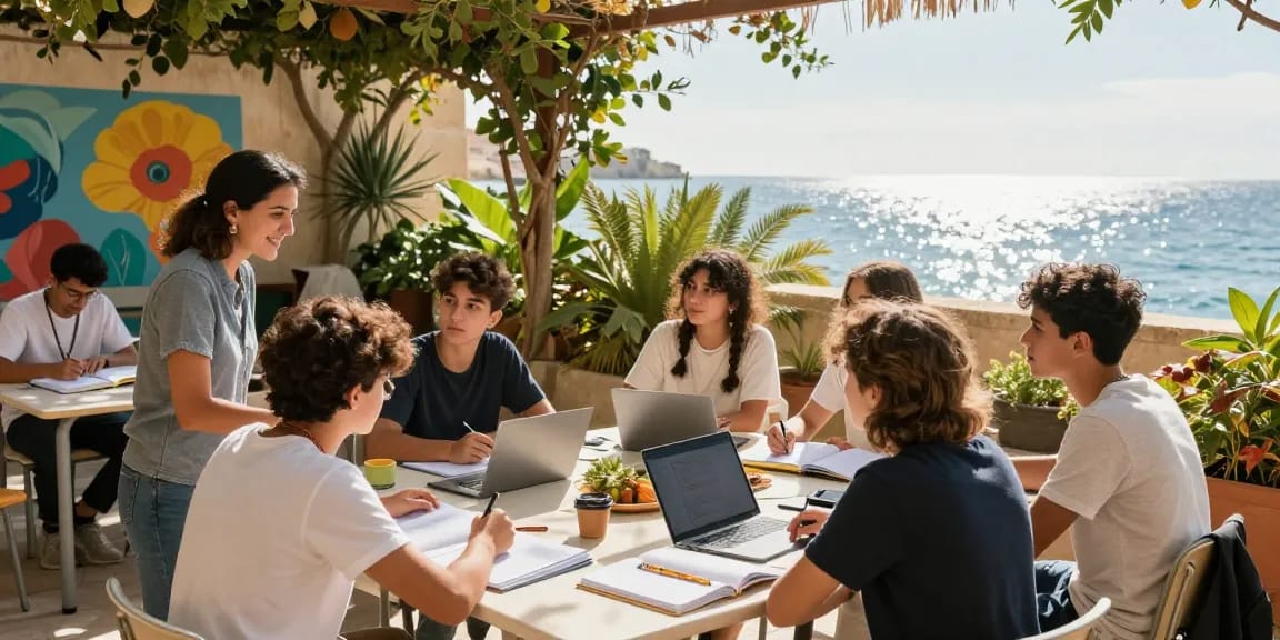 Englischkurse en Malta con estudiantes aprendiendo en un soleado patio, demostrando educación lingüística inmersiva.