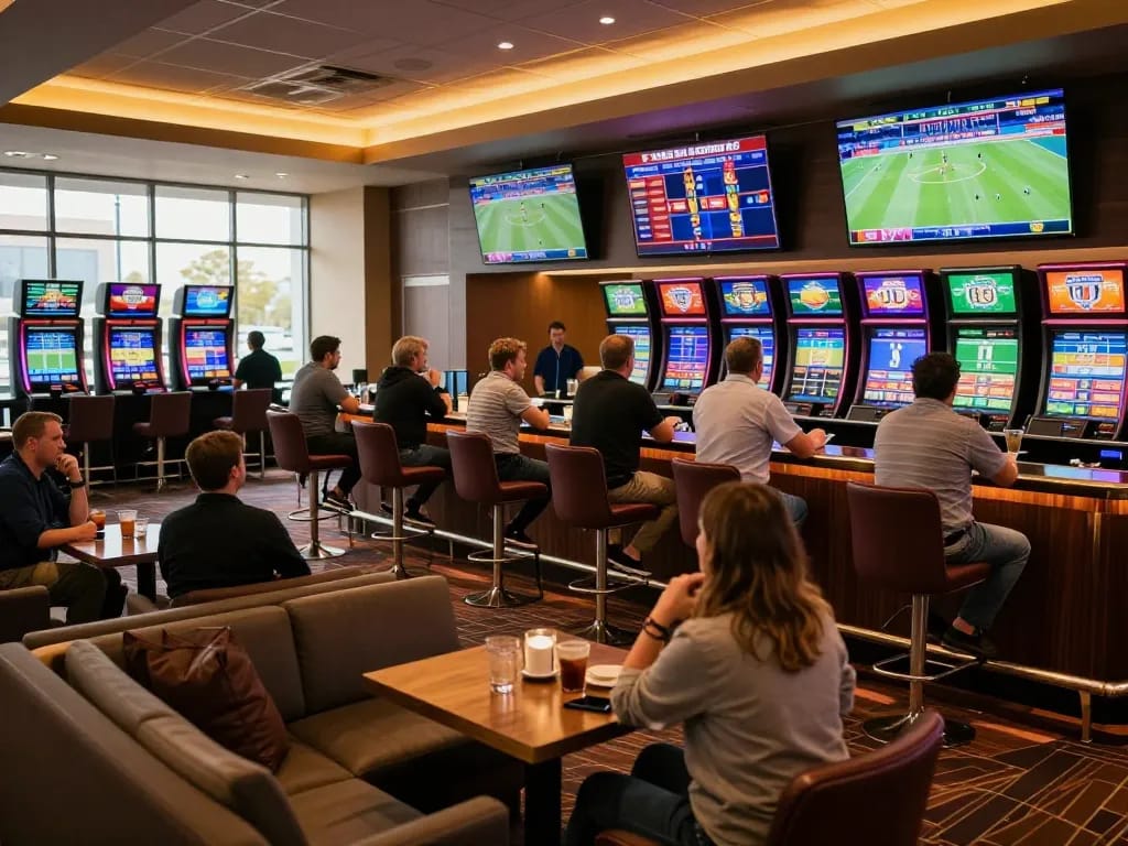 Kèo nhà cái sports betting participants enthusiastically placing wagers in a modern casino sports lounge.