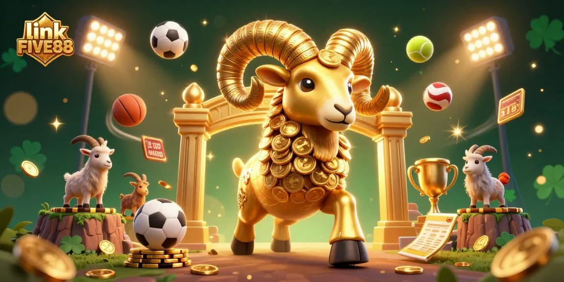 Engage with link FIVE88 through thrilling casino experiences featuring a golden ram and sports elements.