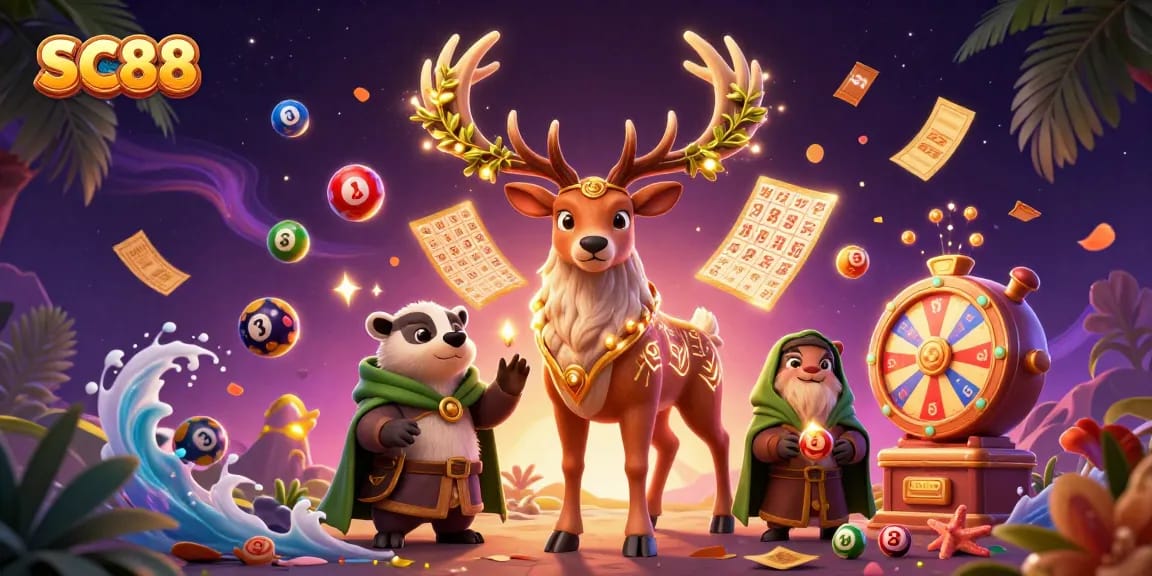 Experience SC88's vibrant lottery scene with unique characters and dynamic game elements in a magical setting.