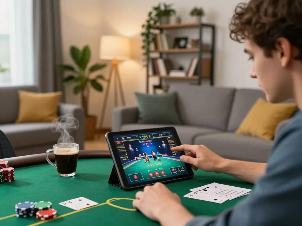Player enjoying online poker on UU88 tablet while seated comfortably at home.