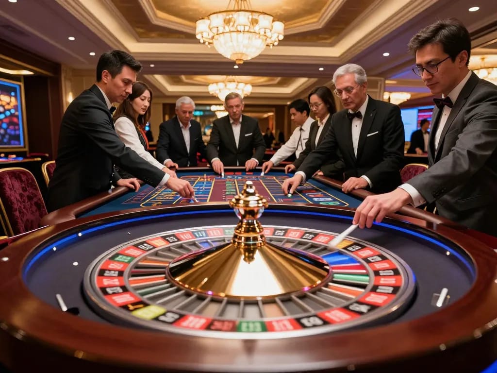 KWIN roulette table action with players actively betting in luxurious casino environment