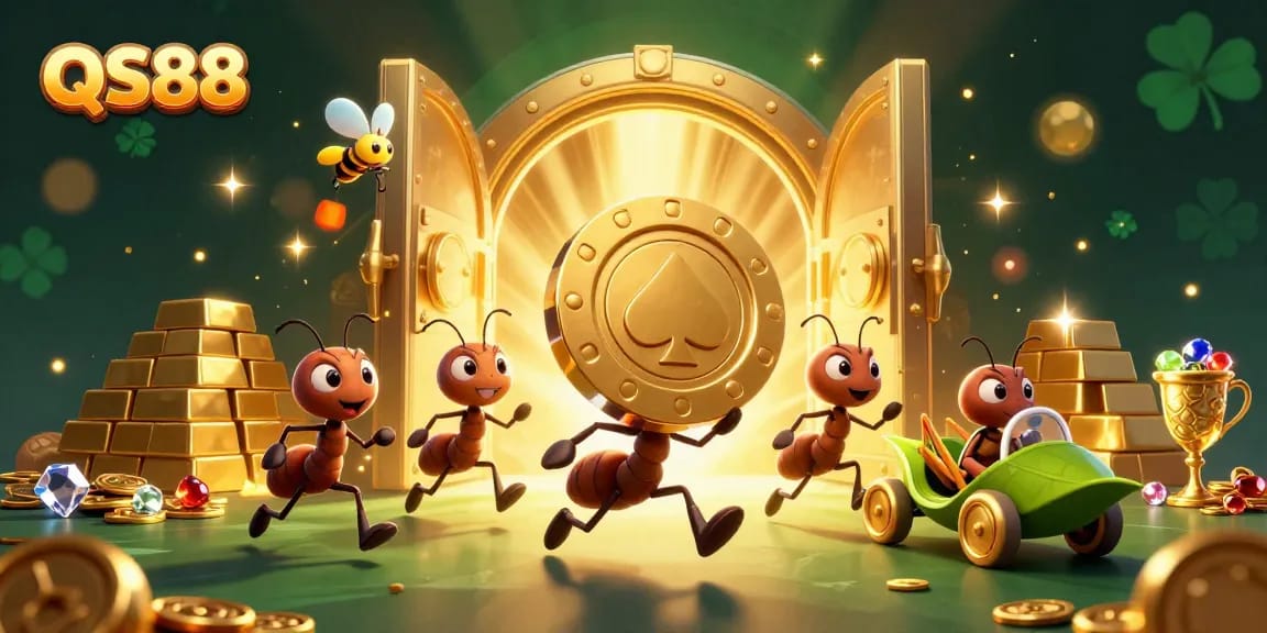 Join the QS88 team of cartoon ants on a thrilling casino chip heist in this dynamic illustration.