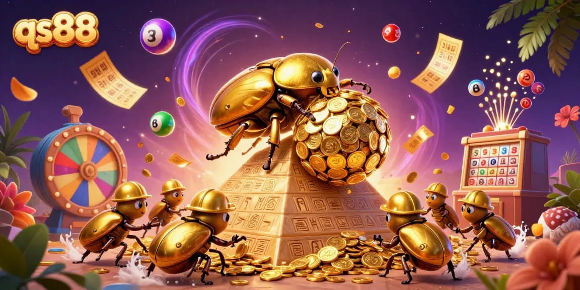 Experience exciting gaming with qs88 as a golden dung beetle rolls in a vibrant online casino setting.