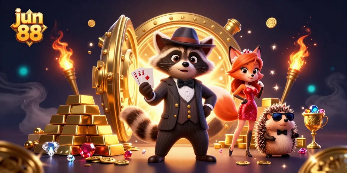 Experience thrilling gameplay at jun 88 with raccoon and fox celebrating a royal flush amidst treasure and gems.