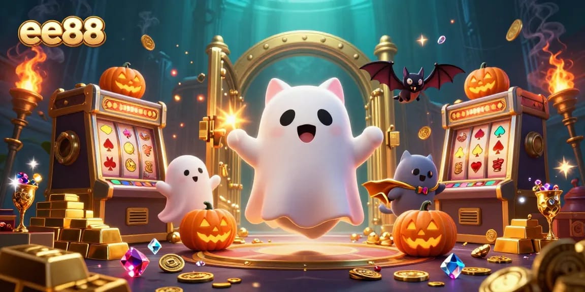 Engage with ee88, a captivating casino scene showcasing a friendly ghost cat amidst vibrant treasures