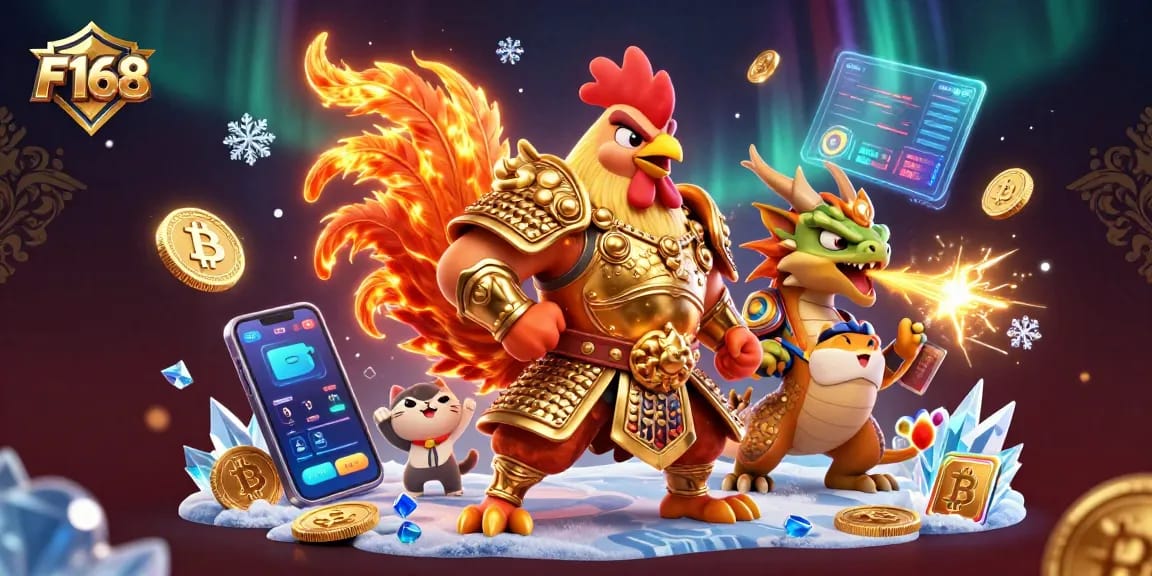 Experience thrilling gaming adventures at F168 with an armored dragon and fighting rooster warrior energizing the casino!