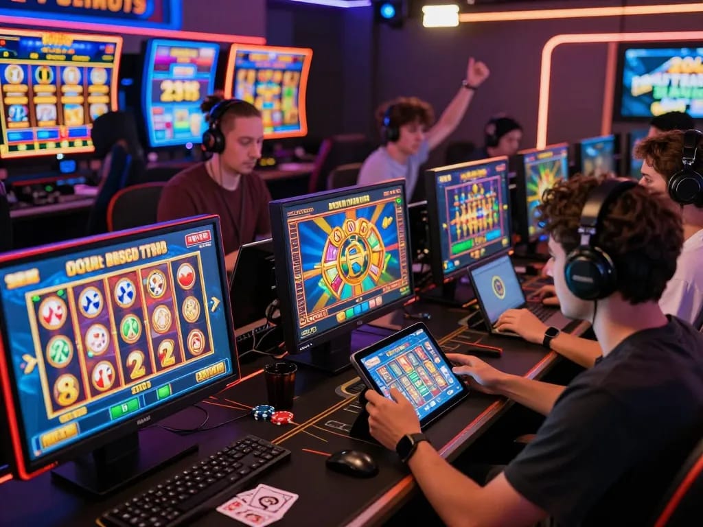 Exciting Zeus138 online gaming scene showing diverse players engaged in slot games, capturing the thrill of gambling.