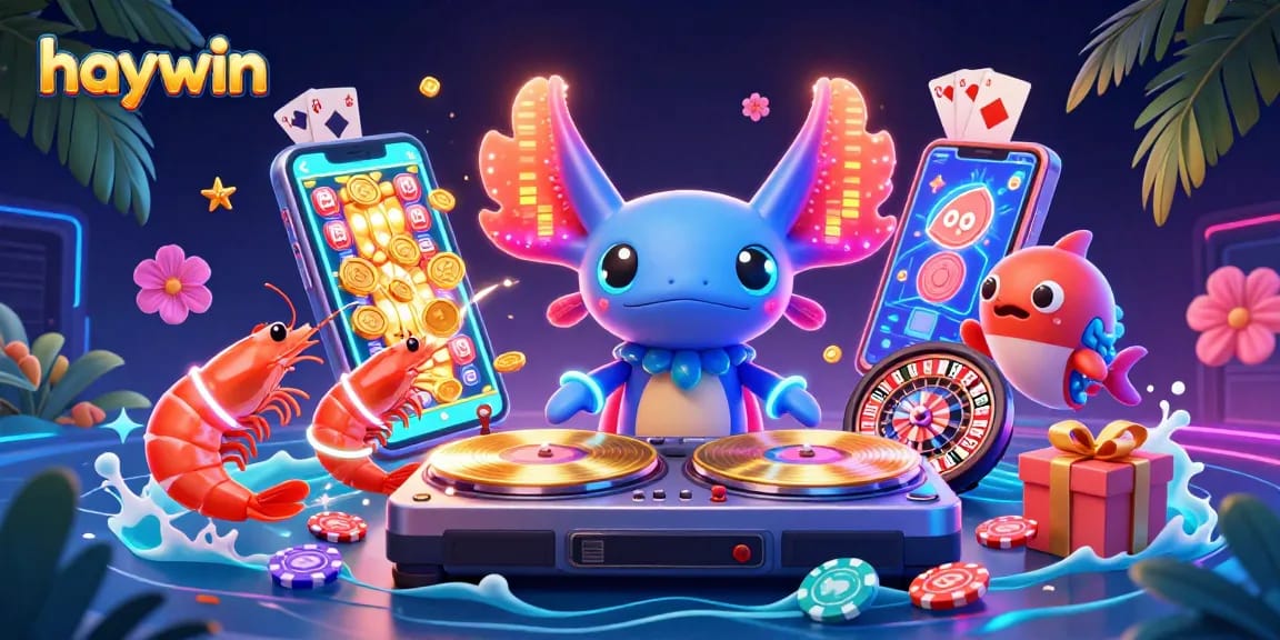 Experience an exciting gaming scene with haywin, featuring a neon-colored axolotl DJ, slot games, and vibrant casino elements.