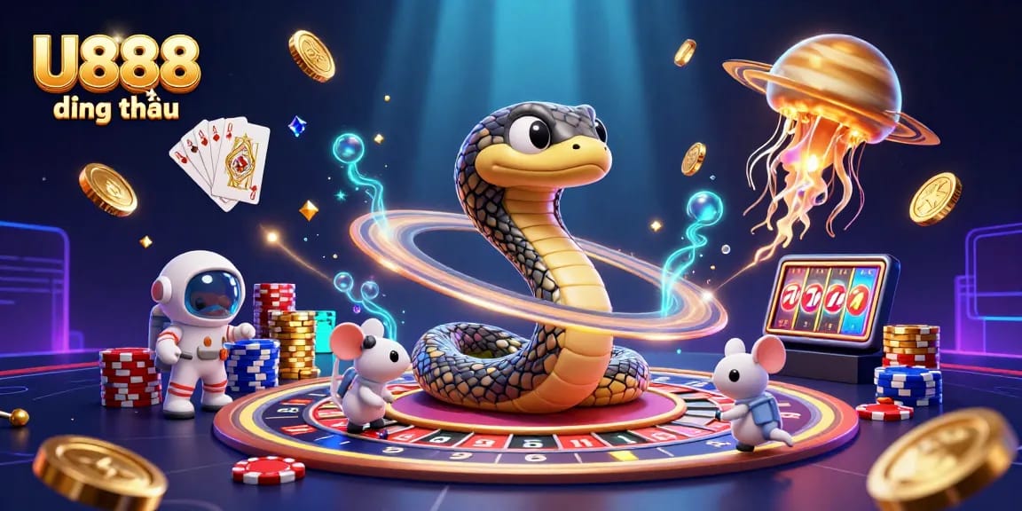 U888 đẳng cấp showcases a dynamic casino scene with a cosmic twist, featuring a roulette wheel, astronauts, and golden coins.