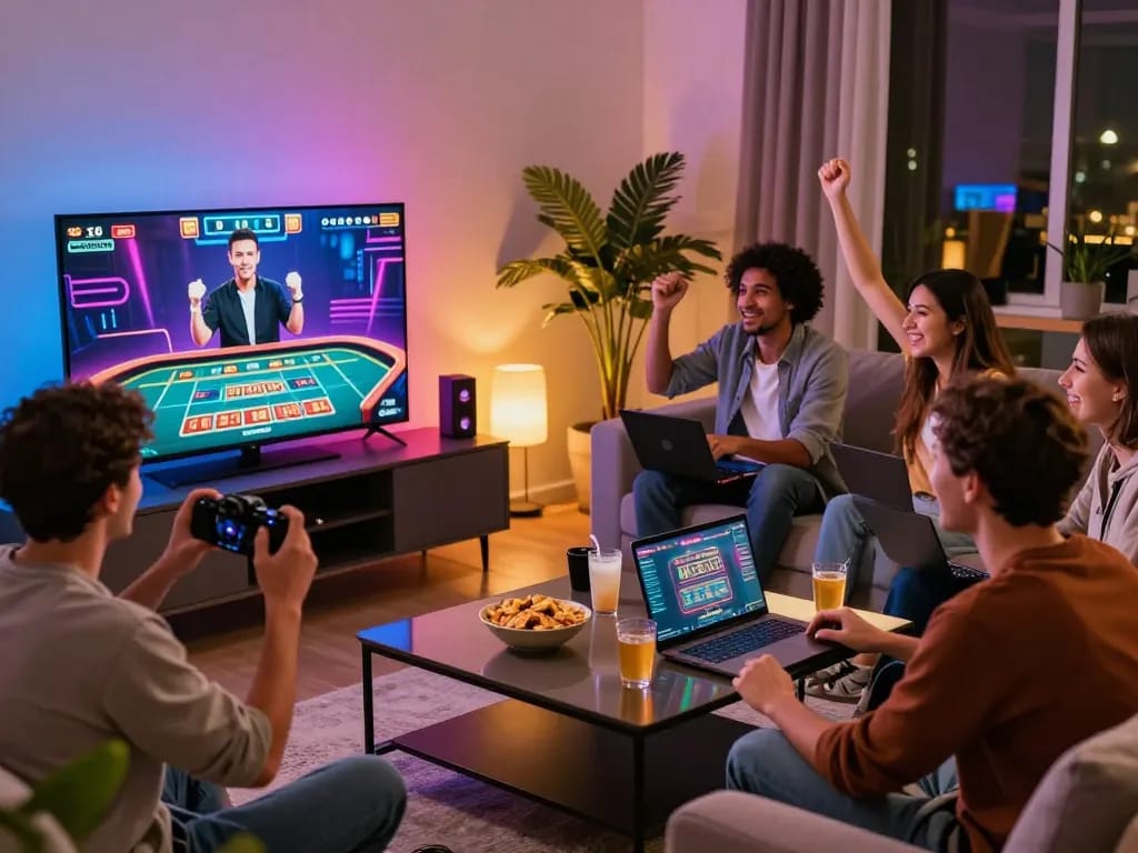 Exciting online gaming session at home featuring tt88 live casino experience with friends.