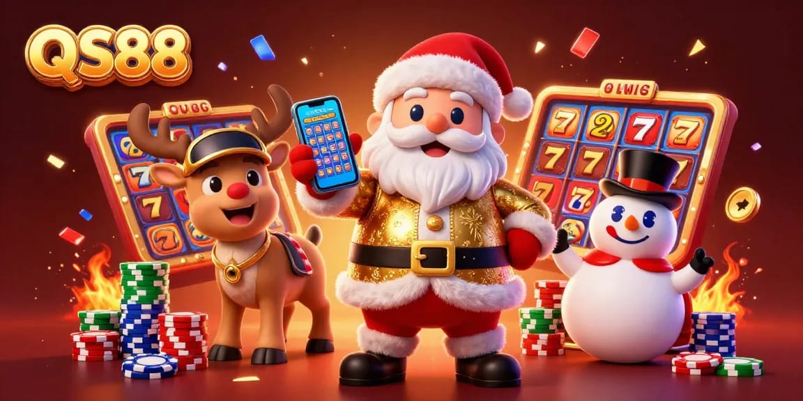 Experience the excitement of QS88's jackpot slots with festive characters in a vibrant casino scene.