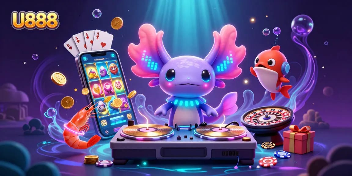 Engage with U888's vibrant underwater casino scene featuring lively characters and games.