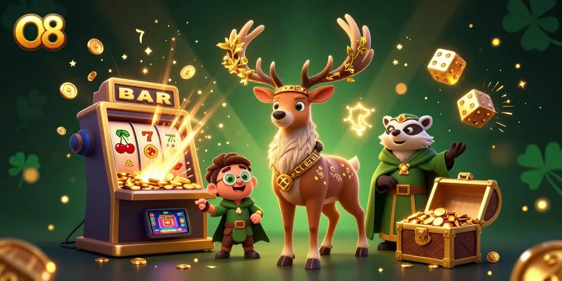 O8's engaging gaming scene features a druid stag, badger, and jackpot elements for casino fun.