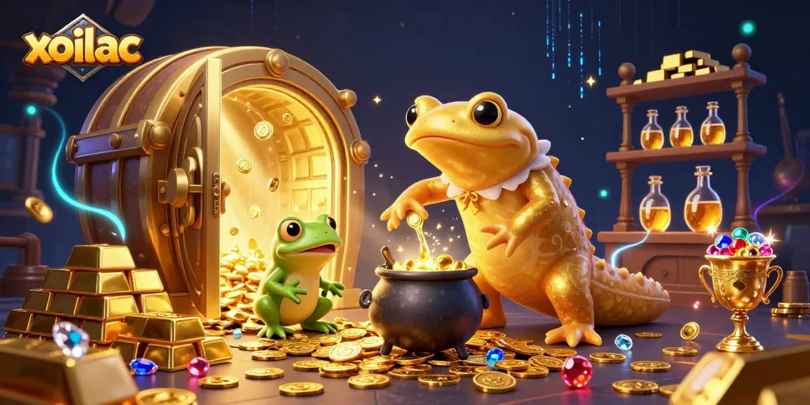 Experience the magic of xoilac with gold coins spilling from a treasure vault in this captivating digital illustration.