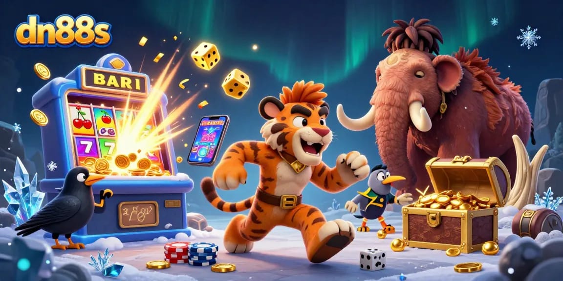 Experience the excitement of dn88s casino with a playful caveman and sabertooth tiger in this vibrant 3D illustration.