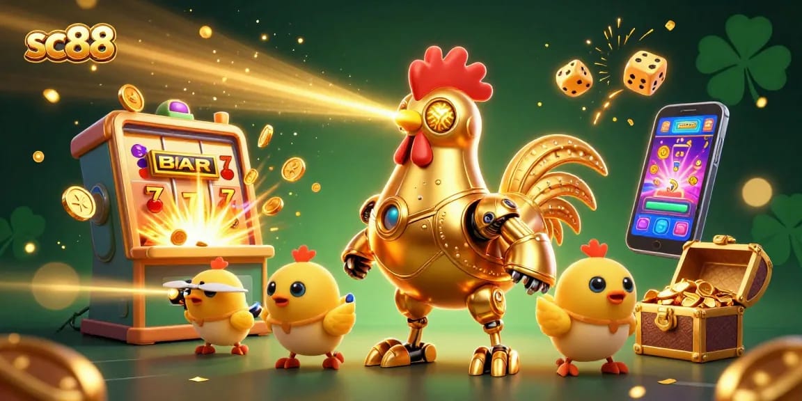 Experience the thrill of sc88 with a vibrant jackpot scene featuring an engaging 3D rooster robot.