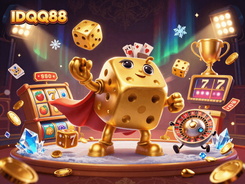 Engage with IDQQ88's vibrant casino art featuring dynamic characters and casino elements.