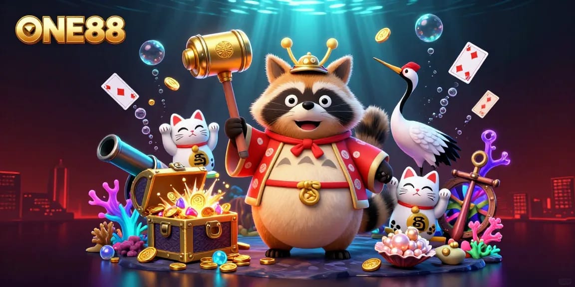 Engage with ONE88's vibrant 3D underwater casino scene with fortune cats, a tanuki, and game elements.