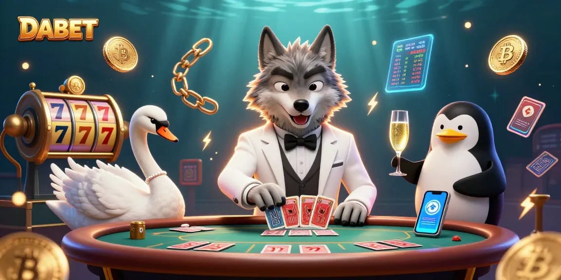 DABET features a debonair wolf, elegant swan, and sophisticated penguin amidst vibrant casino symbols.