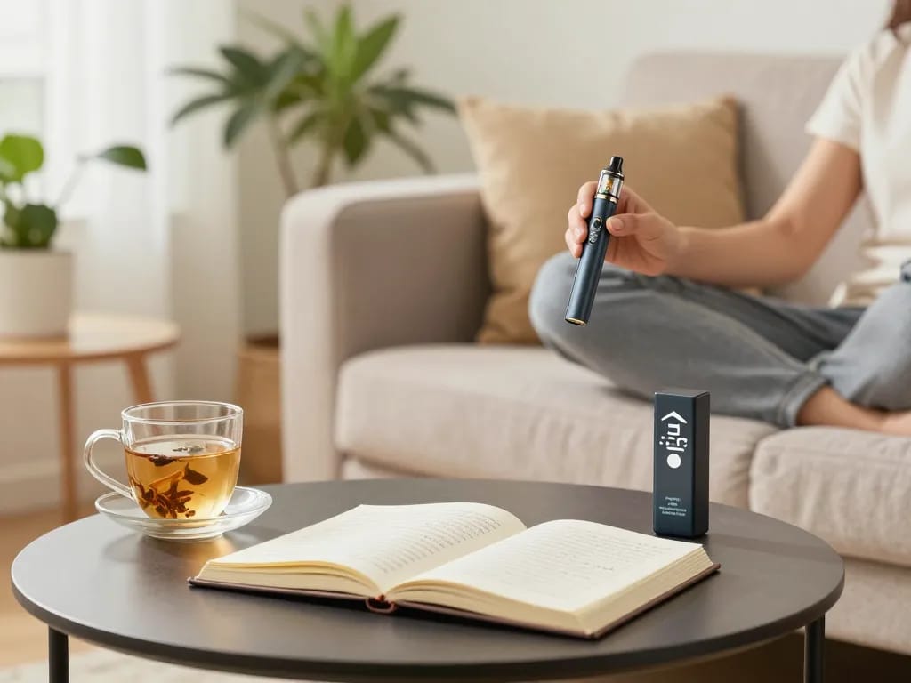 Thc vapes Italia in un'accogliente atmosfera da soggiorno che mostra prodotti per il benessere, atmosfera naturale, dispositivo per svapare di alta qualità.