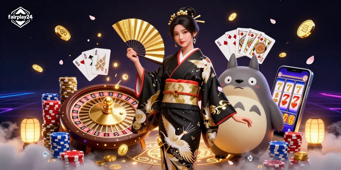 Experience thrilling bets and wins with fairplay24 in this vibrant 3D gambling scene featuring a traditional kimono.