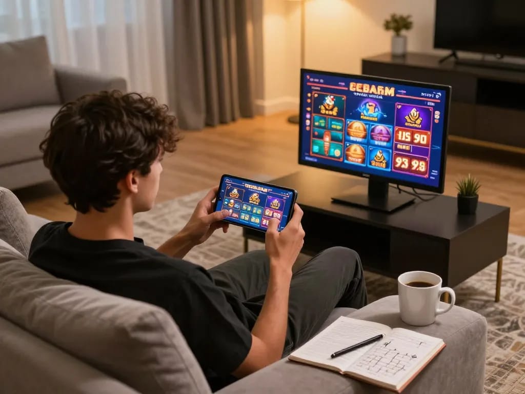 TG88 player engaging with mobile casino app in a cozy living room setting