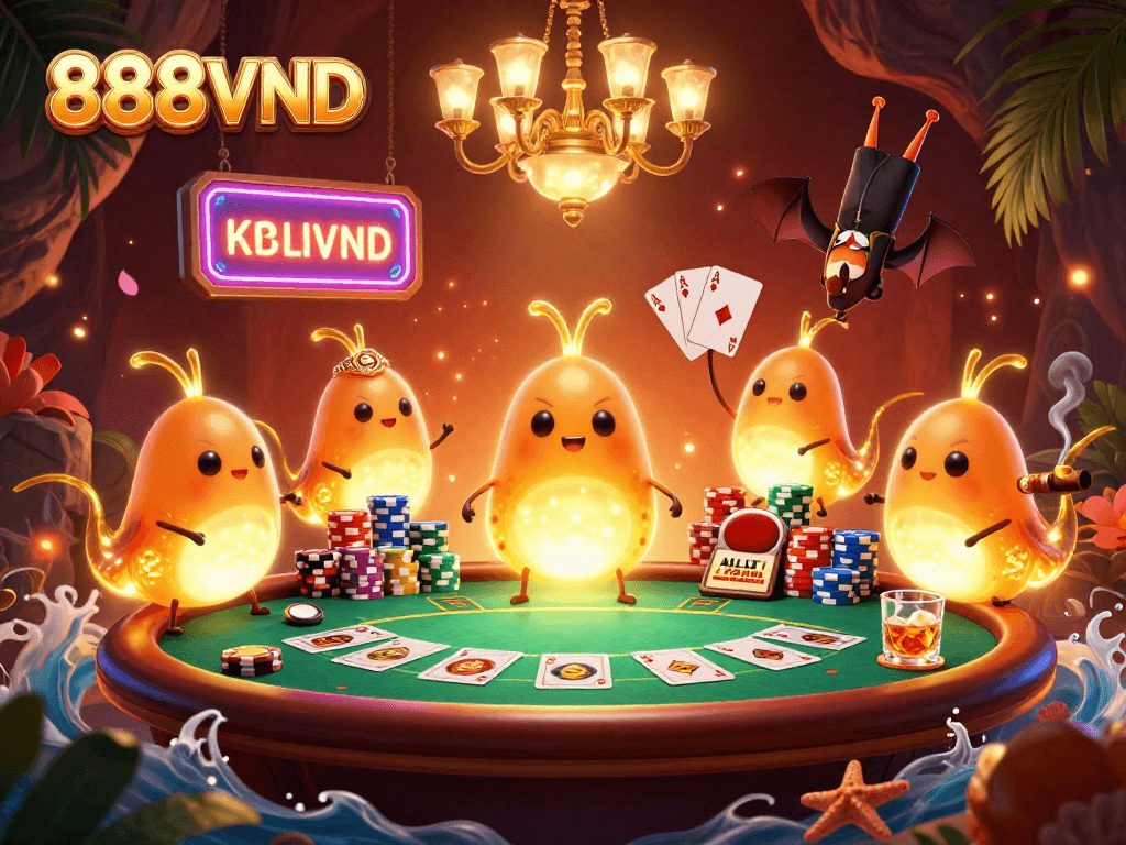 Engage in gaming excitement at 888VND with a vibrant casino scene featuring glowworms and a bat dealer.
