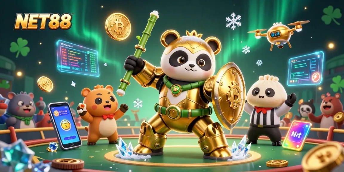 Engage with NET88 at the sports betting arena featuring vibrant 3D characters and digital crypto elements.