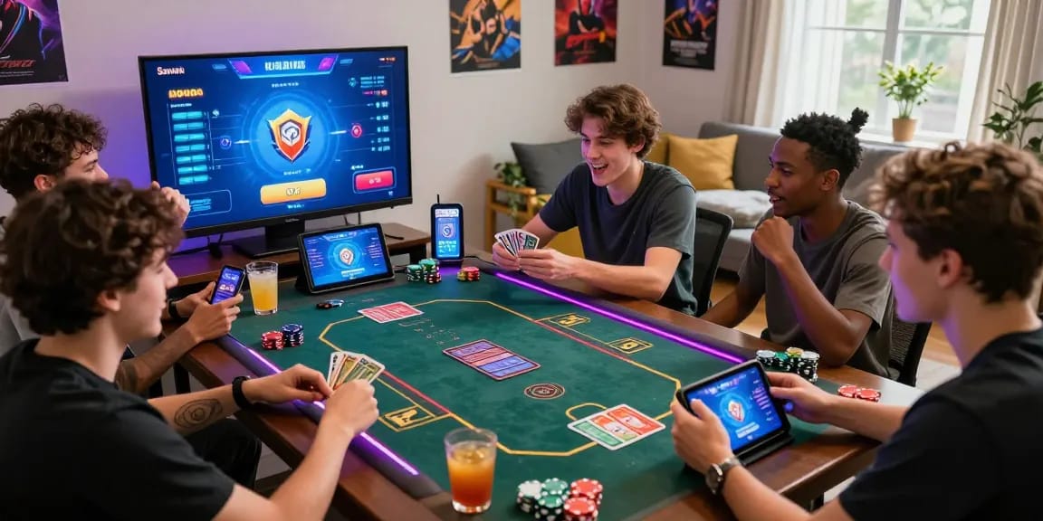 Sunwin online gaming community enjoying a card game night with friends, showcasing excitement and digital engagement.