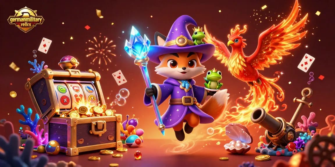 Engage with germanmilitaryrelics slot game treasures showcased by a cartoon wizard fox in action.