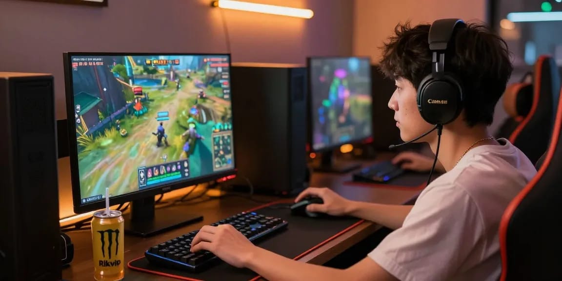 Player enjoying a game on Rikvip platform in an inviting gaming setup with vibrant graphics and accessories.