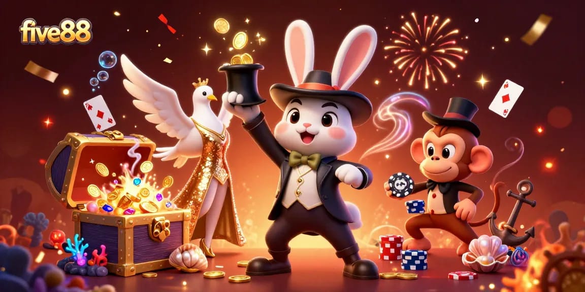 Experience the excitement of five88 with this vibrant illustration of a magician, assistant, and monkey amidst a dynamic casino scene.