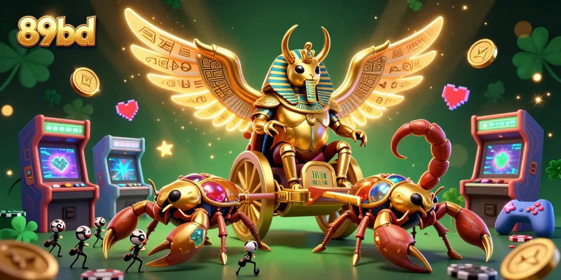 Engage in thrilling gaming with 89bd featuring a glorious scarab, scorpions, and colorful casino elements.