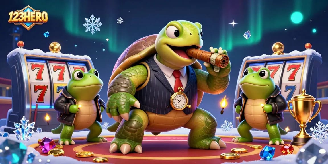 Engage with 123HERO's vibrant online casino scene featuring a unique turtle character and thrilling game elements.